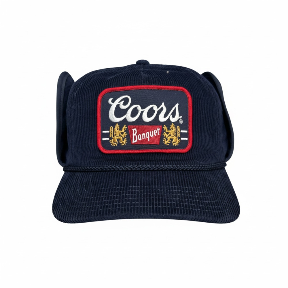 Coors Banquet Trapper Hat Navy Corduroy Shearling Snapback (NWT)